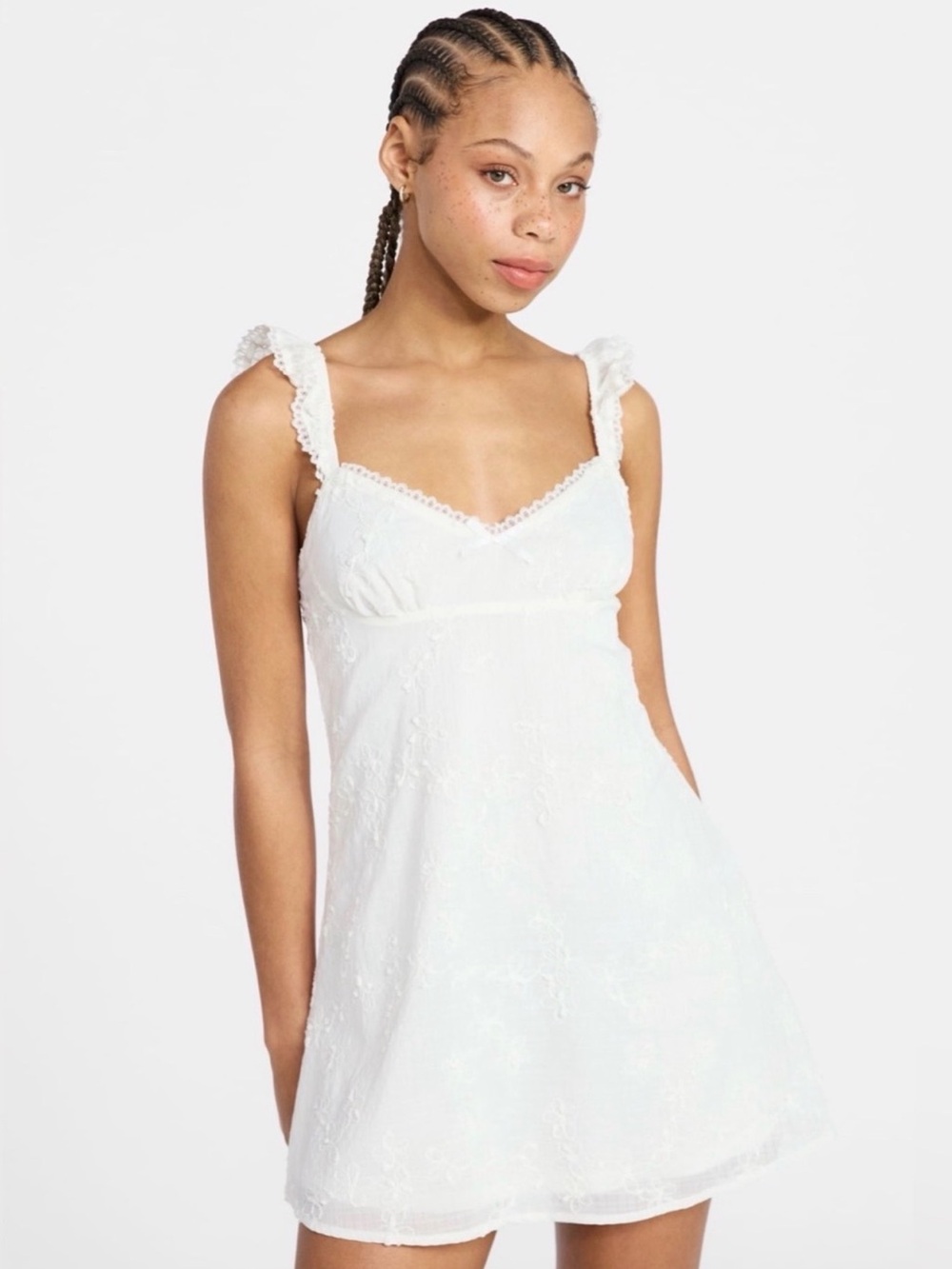 (505)White Eyelet Ruffle Strap Mini Dress